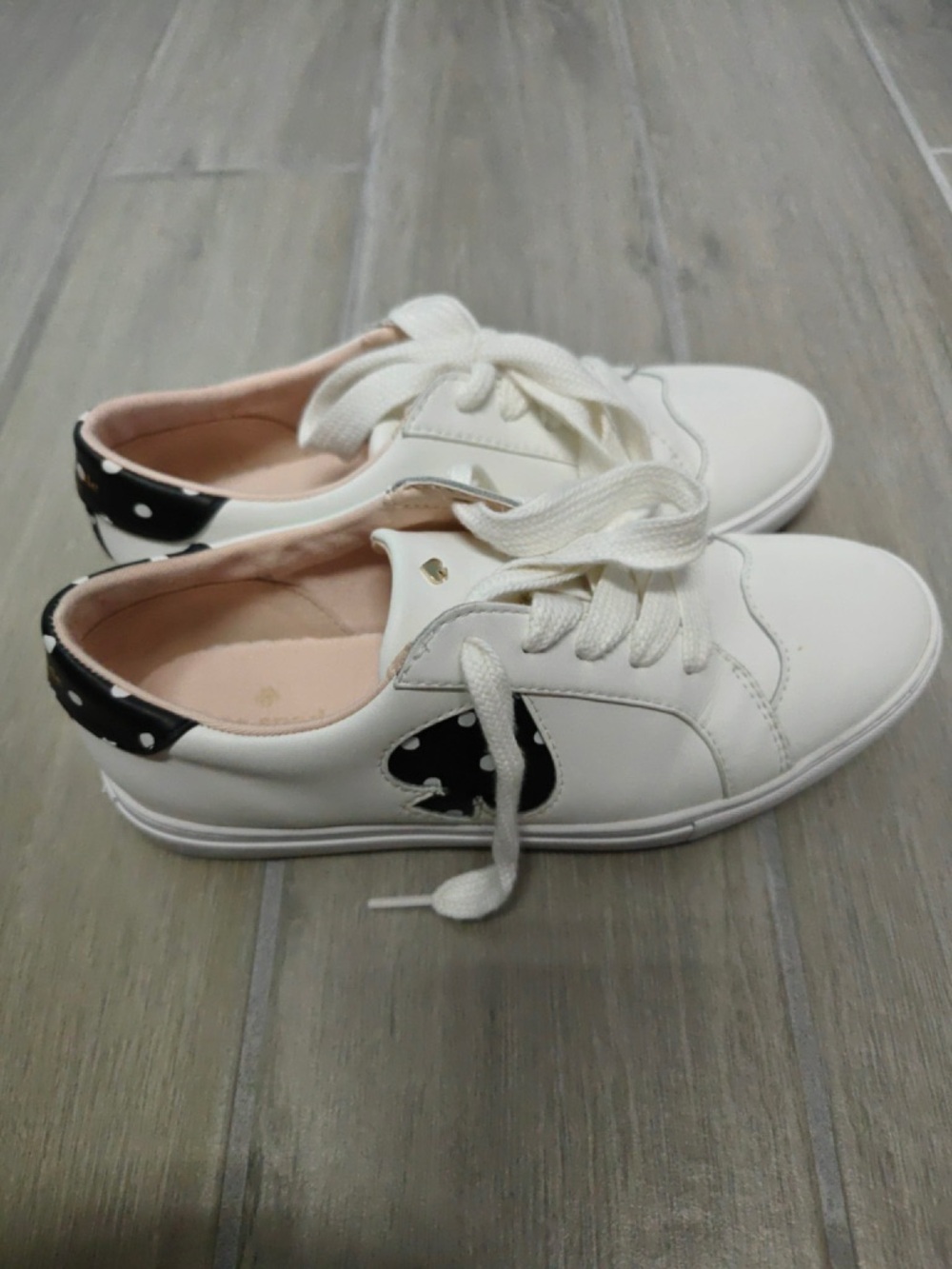 kate spade White Leather Sneakers with Black Polka Dot Heart
